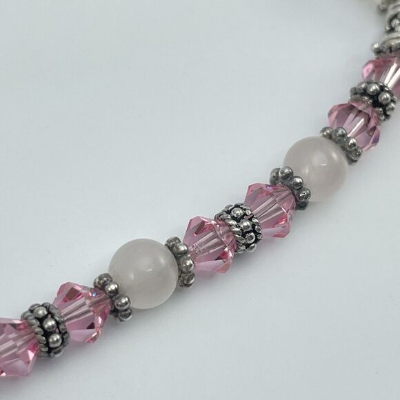 Bracelet Sterling Silver Flower Quartz Pink Crystal Beaded Breast Cancer Charm - Picture 4 of 8